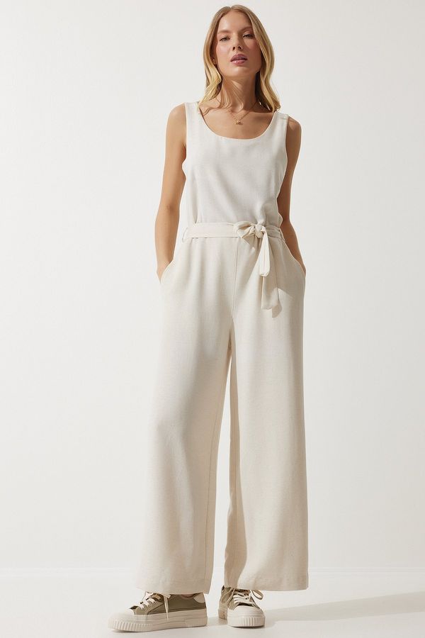 Happiness İstanbul Happiness İstanbul Women's Cream Belted Linen Jumpsuit