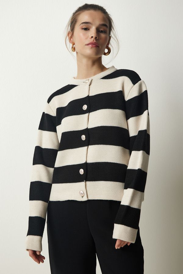 Happiness İstanbul Happiness İstanbul Women's Cream Black Stylish Buttoned Striped Knitwear Cardigan