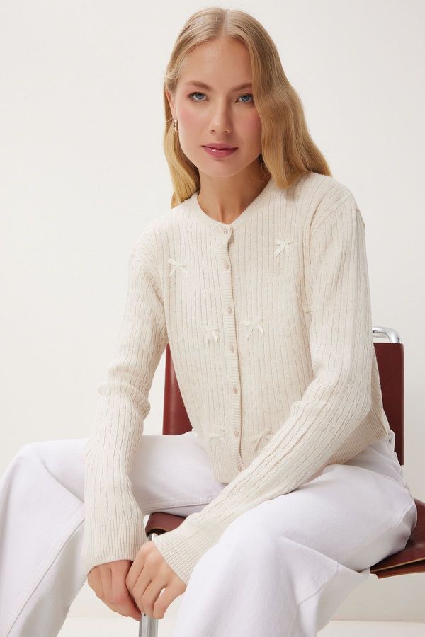 Happiness İstanbul Happiness İstanbul Women's Cream Bow Knitted Sweater Cardigan