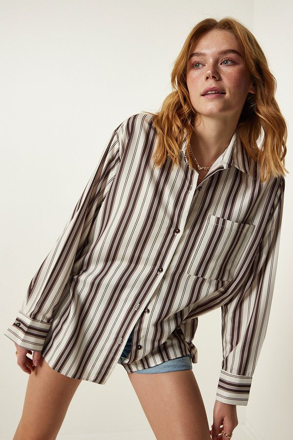 Happiness İstanbul Happiness İstanbul Women's Cream Brown Striped Oversize Knitted Shirt