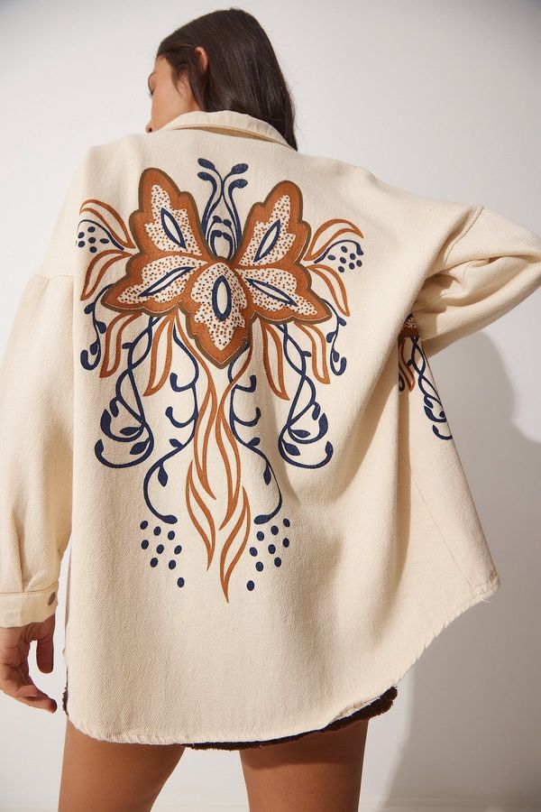 Happiness İstanbul Happiness İstanbul Women's Cream Butterfly Printed Raw Linen Shirt Jacket