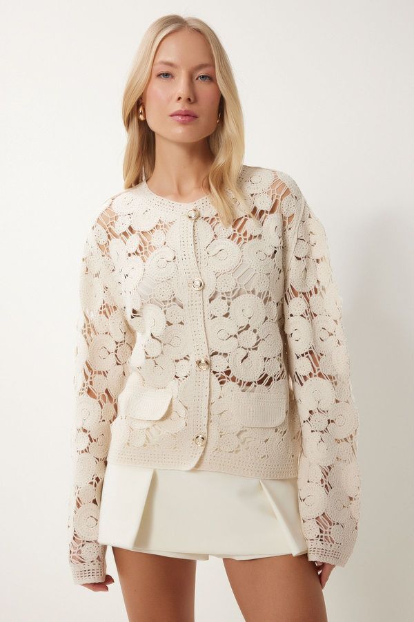 Happiness İstanbul Happiness İstanbul Women's Cream Floral Laced Seasonal Knitwear Cardigan