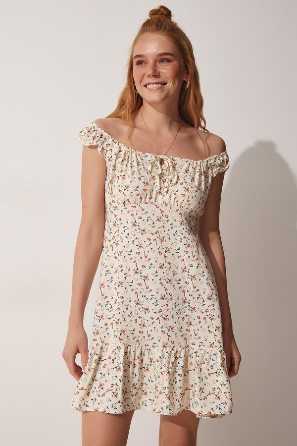Happiness İstanbul Happiness İstanbul Women's Cream Floral Summer Gathered Viscose Dress