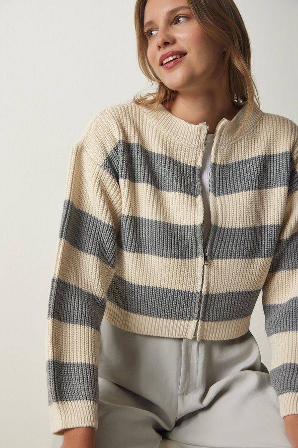 Happiness İstanbul Happiness İstanbul Women's Cream Gray Zippered Striped Knitwear Cardigan