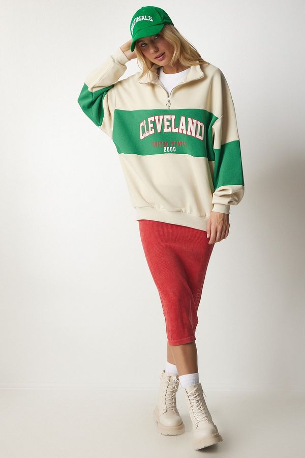 Happiness İstanbul Happiness İstanbul Women's Cream Green Block Color Printed Oversize Sweatshirt