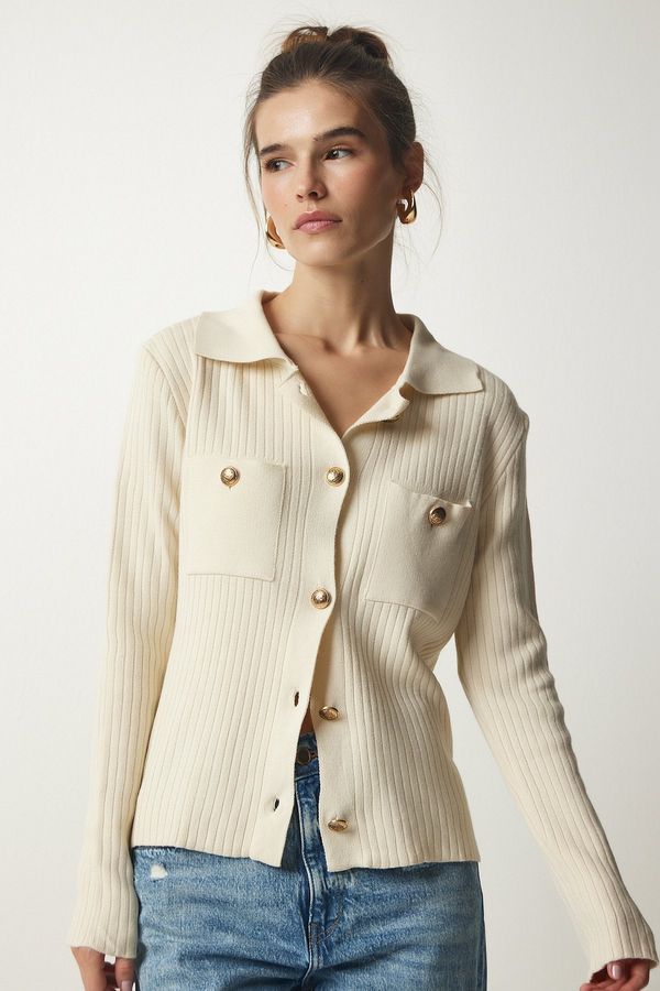 Happiness İstanbul Happiness İstanbul Women's Cream Metal Buttoned Knitwear Cardigan