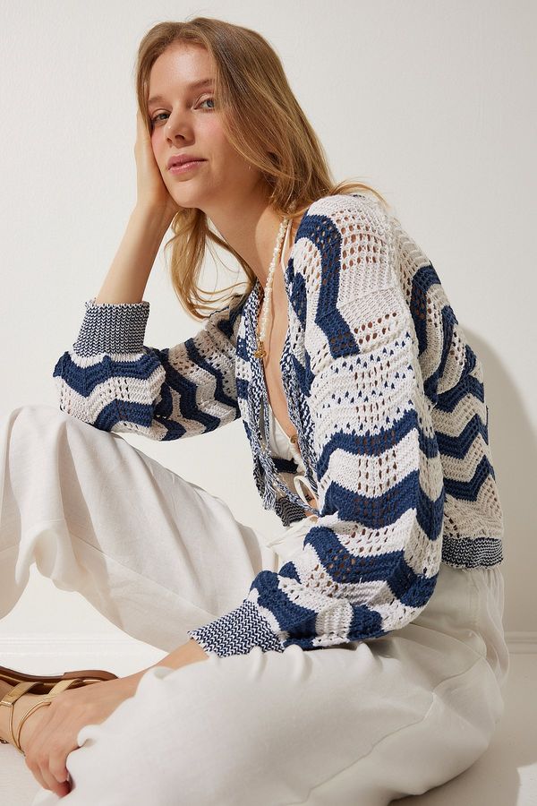 Happiness İstanbul Happiness İstanbul Women's Cream Navy Blue Striped Openwork Seasonal Knitwear Cardigan