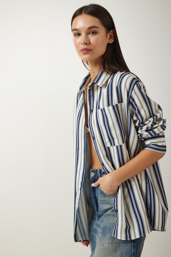 Happiness İstanbul Happiness İstanbul Women's Cream Navy Blue Striped Oversize Knitted Shirt