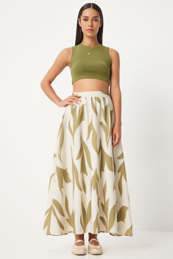 Happiness İstanbul Happiness İstanbul Women's Cream Oil Green Patterned Maxi Skirt