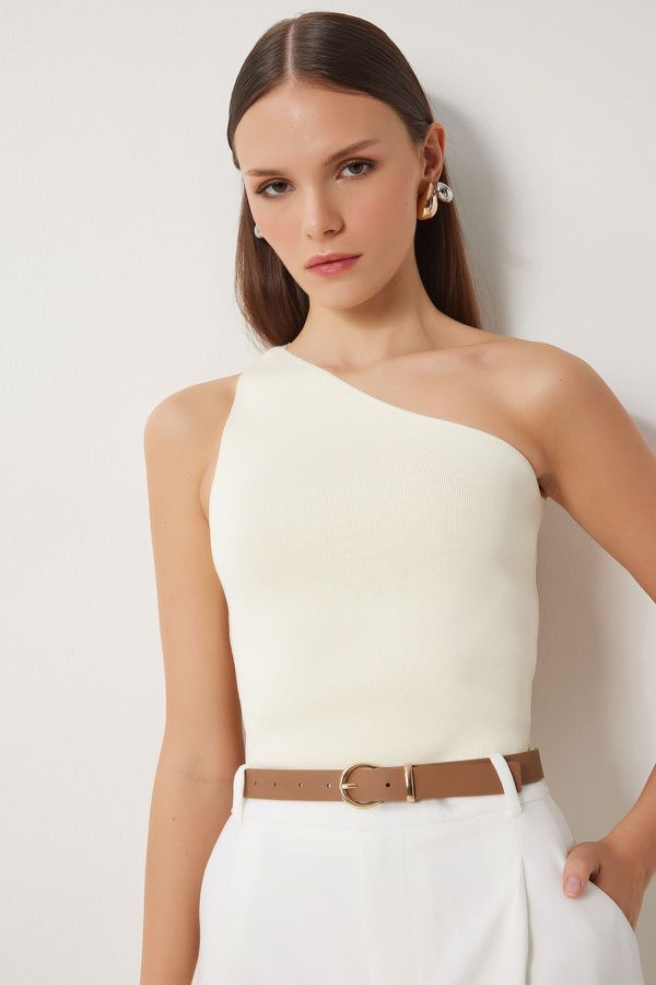Happiness İstanbul Happiness İstanbul Women's Cream One Shoulder Wrap Knit Blouse