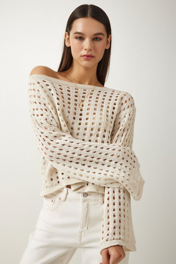 Happiness İstanbul Happiness İstanbul Women's Cream Openwork Crop Knitwear Sweater
