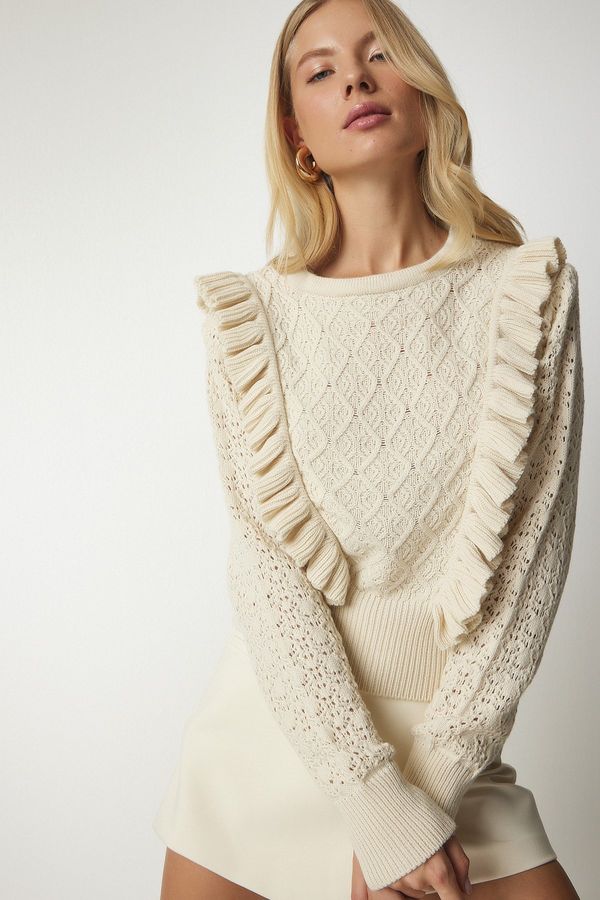 Happiness İstanbul Happiness İstanbul Women's Cream Openwork Frill Detailed Knitwear Sweater