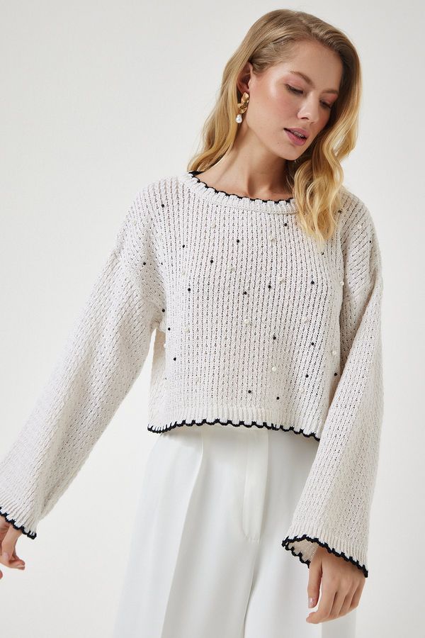 Happiness İstanbul Happiness İstanbul Women's Cream Pearls Openwork Seasonal Crop Knitwear Sweater