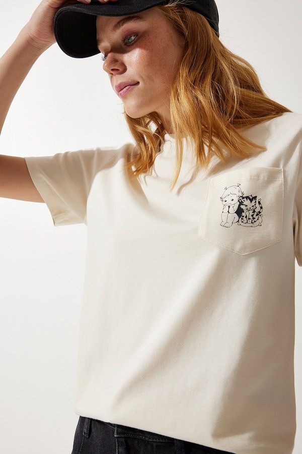 Happiness İstanbul Happiness İstanbul Women's Cream Pocket Knitted T-Shirt