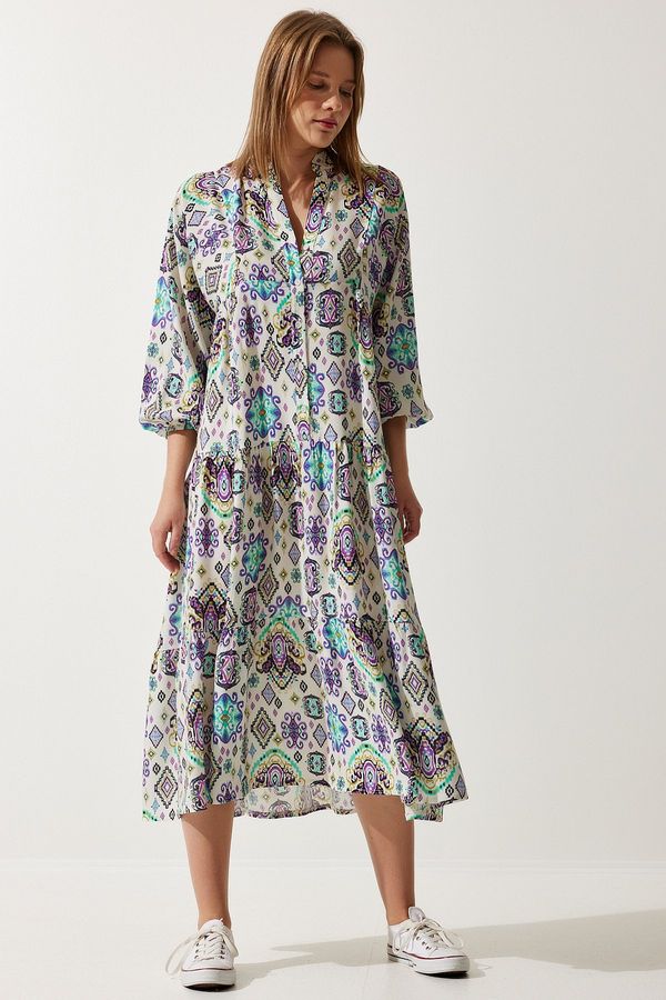Happiness İstanbul Happiness İstanbul Women's Cream Purple Patterned Buttoned Summer Viscose Dress