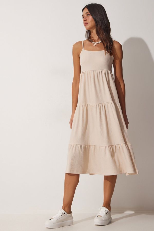 Happiness İstanbul Happiness İstanbul Women's Cream Straps, Flounces Summer Knitted Dress