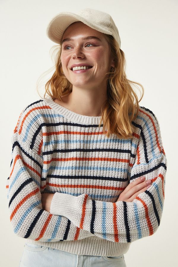 Happiness İstanbul Happiness İstanbul Women's Cream Striped Seasonal Knitwear Sweater