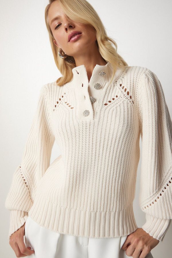 Happiness İstanbul Happiness İstanbul Women's Cream Stylish Buttoned Openwork Knitwear Sweater