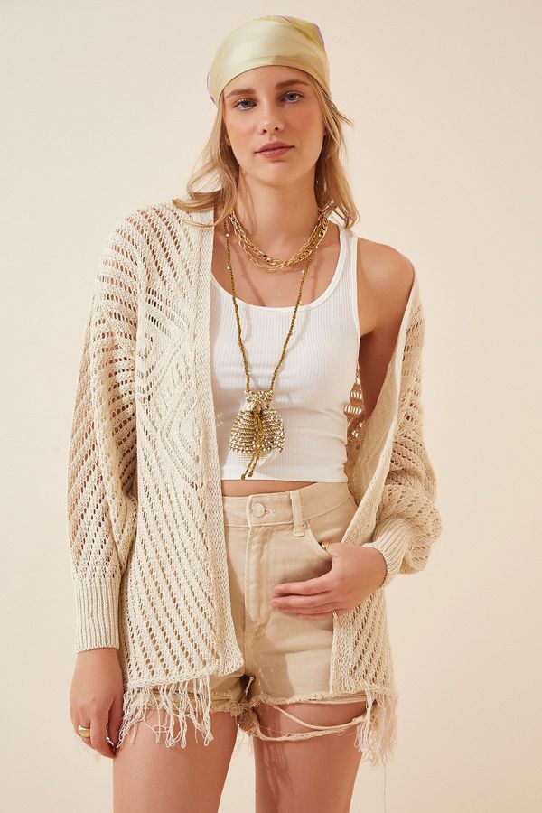 Happiness İstanbul Happiness İstanbul Women's Cream Tassels Crochet Knitted Summer Sweater Cardigan