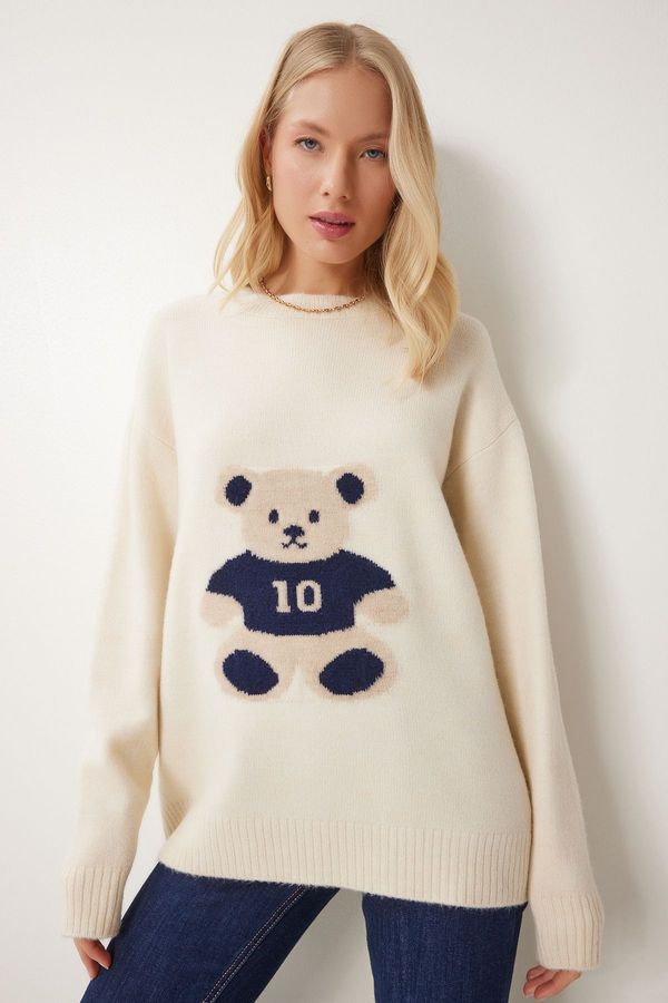 Happiness İstanbul Happiness İstanbul Women's Cream Teddy Bear Textured Soft Knitwear Sweater