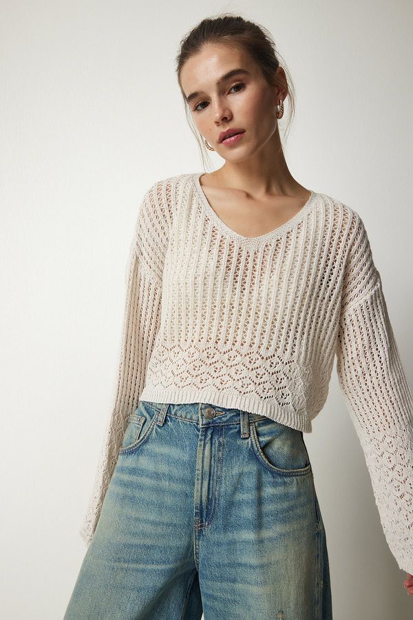 Happiness İstanbul Happiness İstanbul Women's Cream V-Neck Openwork Crop Knitwear Sweater