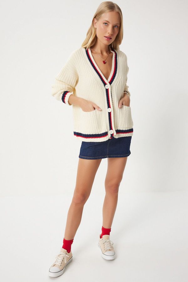 Happiness İstanbul Happiness İstanbul Women's Cream V-Neck Stripe Detailed Knitwear Cardigan