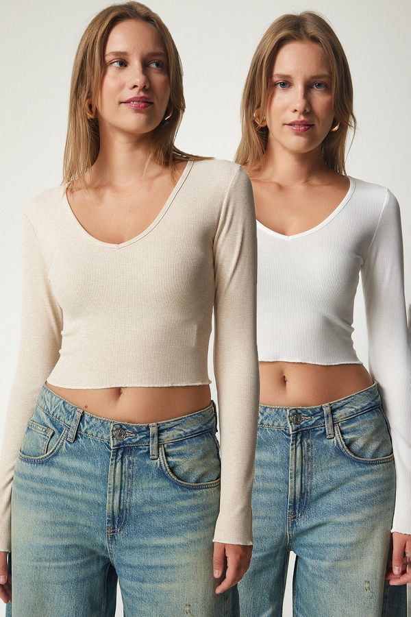 Happiness İstanbul Happiness İstanbul Women's Cream White V Neck 2 Pack Crop Knitted Blouse