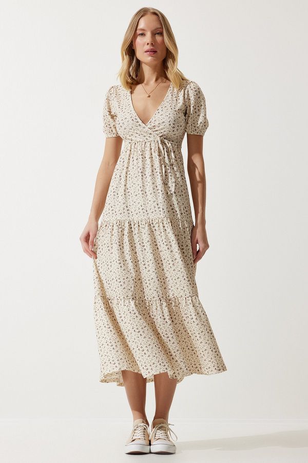 Happiness İstanbul Happiness İstanbul Women's Cream Wraped Collar Patterned Summer Knitted Dress