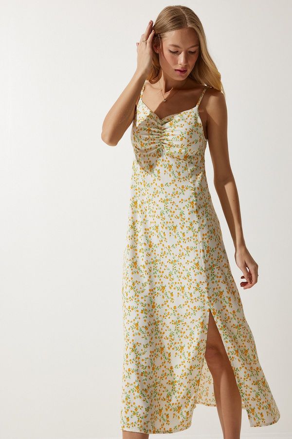 Happiness İstanbul Happiness İstanbul Women's Cream Yellow Strappy Patterned Viscose Dress