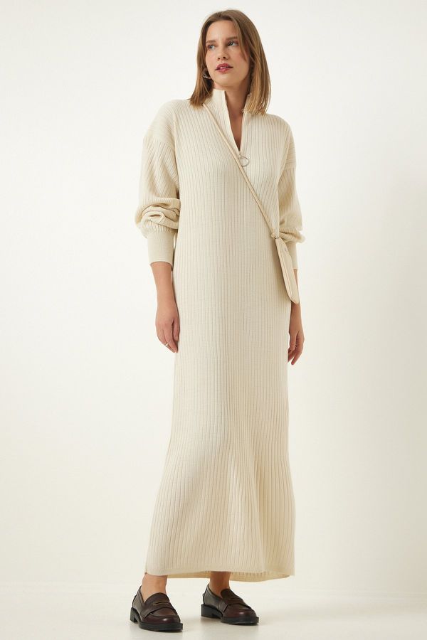 Happiness İstanbul Happiness İstanbul Women's Cream Zipper Collar Ribbed Long Knitwear Dress