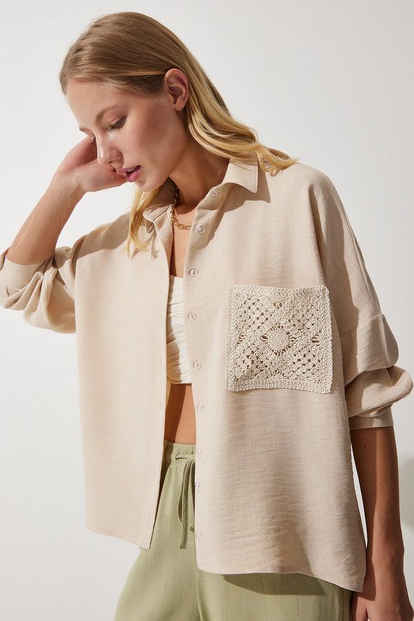 Happiness İstanbul Happiness İstanbul Women's Dark Beige Lace Detailed Linen Shirt