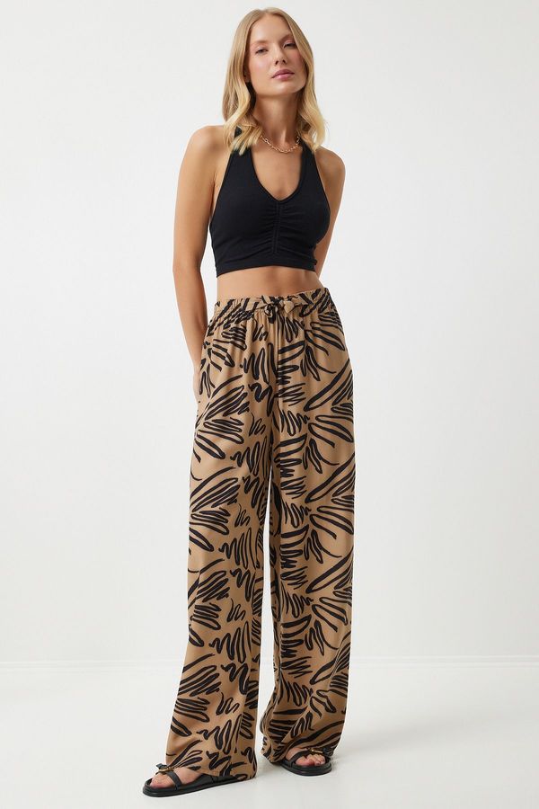 Happiness İstanbul Happiness İstanbul Women's Dark Beige Patterned Flowing Viscose Palazzo Trousers