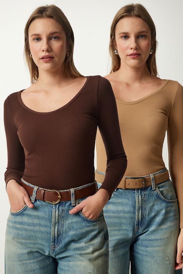 Happiness İstanbul Happiness İstanbul Women's Dark Brown Biscuit V-Neck 2-Pack Knitted Blouse