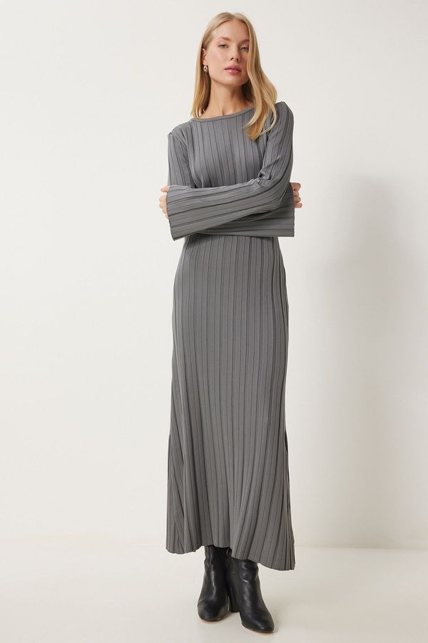 Happiness İstanbul Happiness İstanbul Women's Dark Gray Belted Ribbed Long Knit Dress