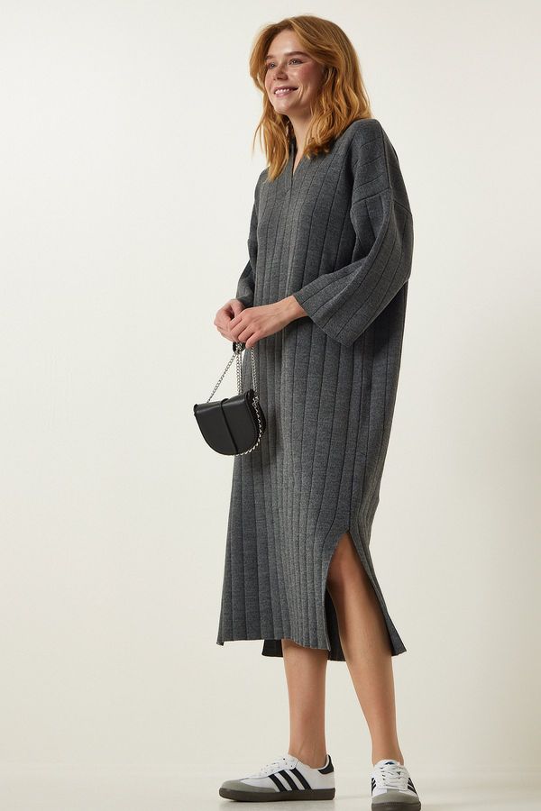 Happiness İstanbul Happiness İstanbul Women's Dark Gray Polo Neck Oversize Knitwear Dress