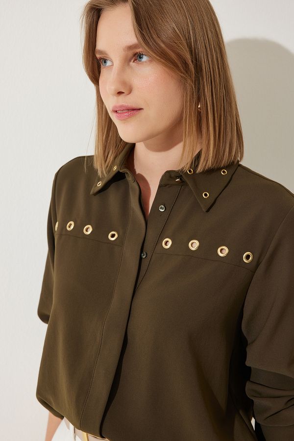 Happiness İstanbul Happiness İstanbul Women's Dark Khaki Bird Eye Detailed Woven Shirt