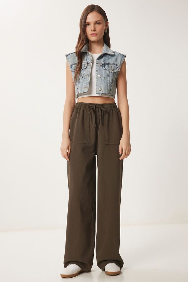 Happiness İstanbul Happiness İstanbul Women's Dark Khaki Faded Effect Wide Leg Denim Palazzo Trousers