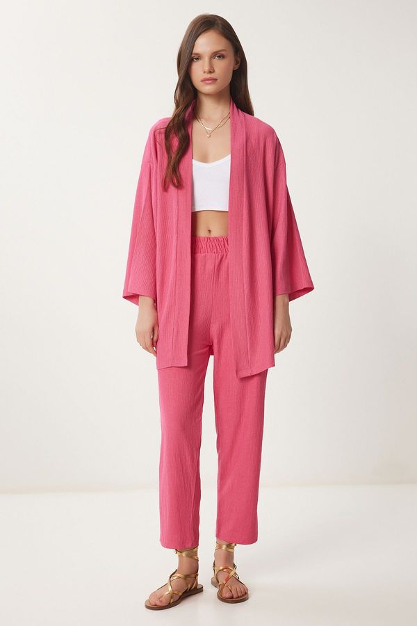 Happiness İstanbul Happiness İstanbul Women's Dark Pink Kimono and Pants Knit Set