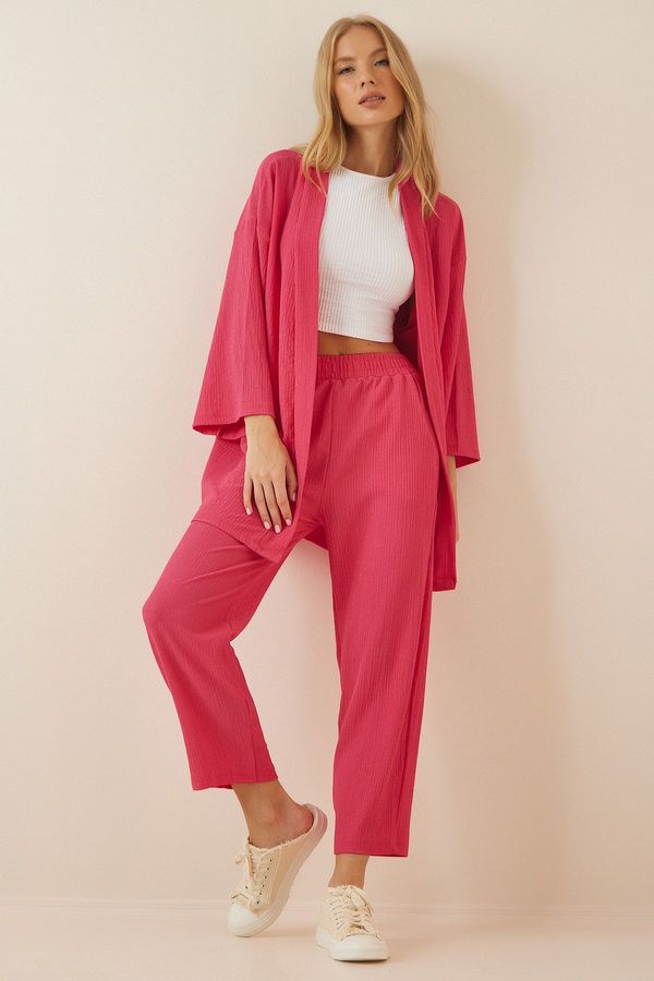 Happiness İstanbul Happiness İstanbul Women's Dark Pink Kimono and Pants Knit Set