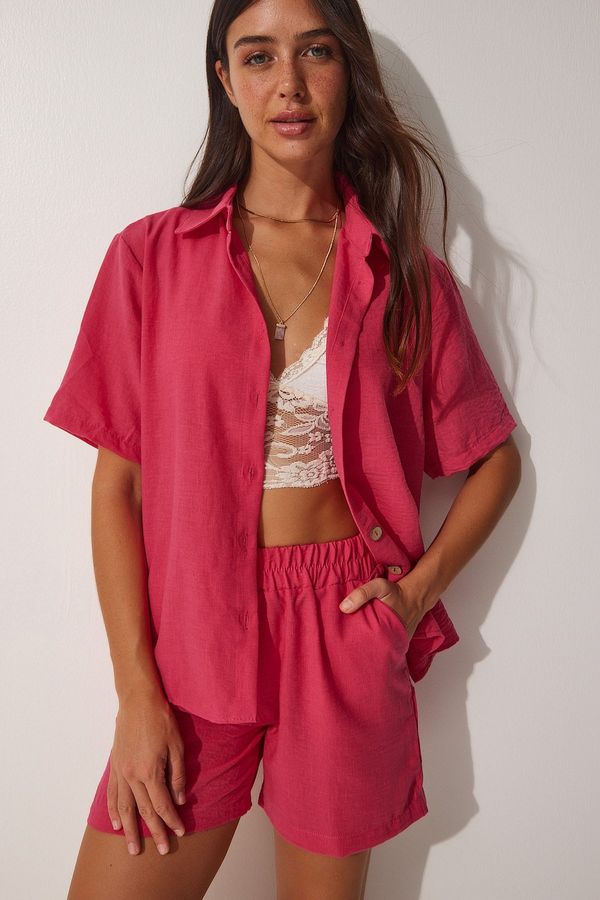 Happiness İstanbul Happiness İstanbul Women's Dark Pink Linen Surface Shorts Shirt Suit