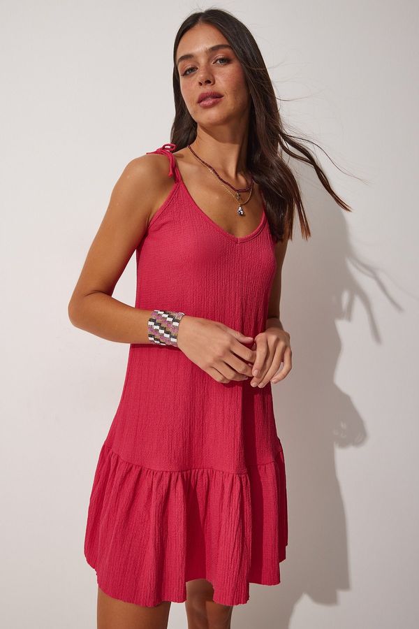 Happiness İstanbul Happiness İstanbul Women's Dark Pink Tie Straps Summer Knitted Dress
