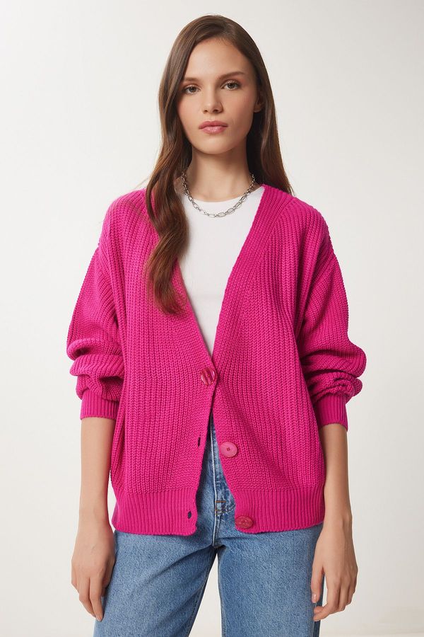 Happiness İstanbul Happiness İstanbul Women's Dark Pink V-Neck Buttoned Knitwear Cardigan