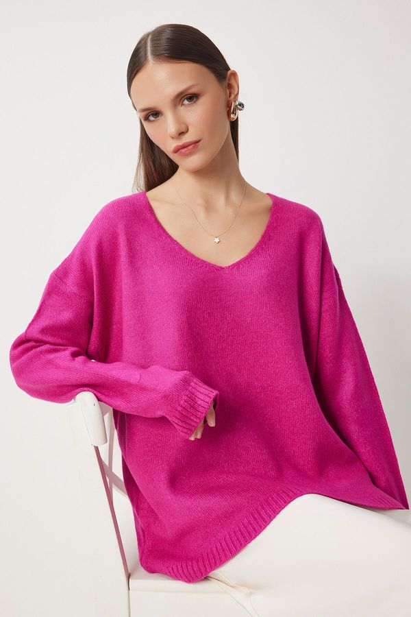 Happiness İstanbul Happiness İstanbul Women's Dark Pink V Neck Knitwear Sweater
