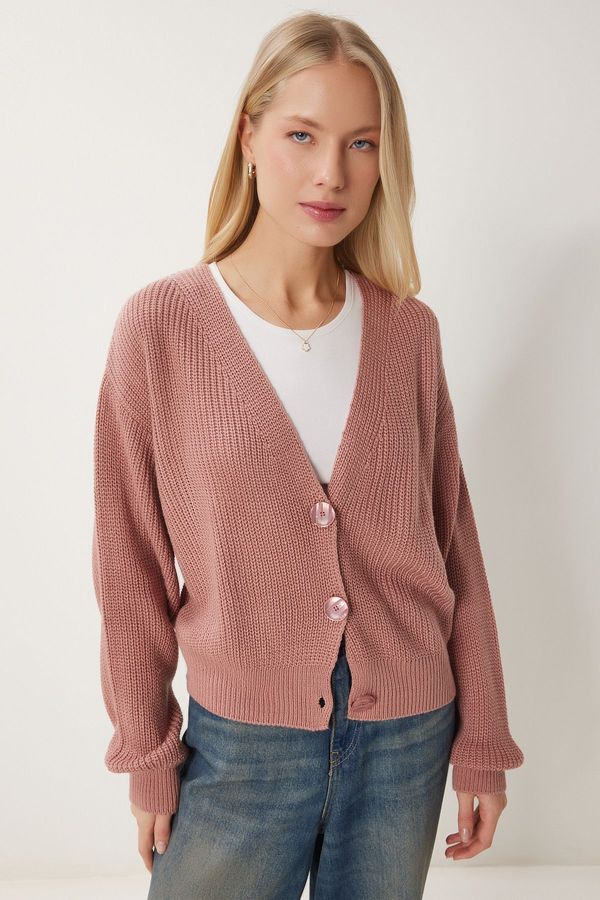 Happiness İstanbul Happiness İstanbul Women's Dusty Rose V-Neck Buttoned Knitwear Cardigan