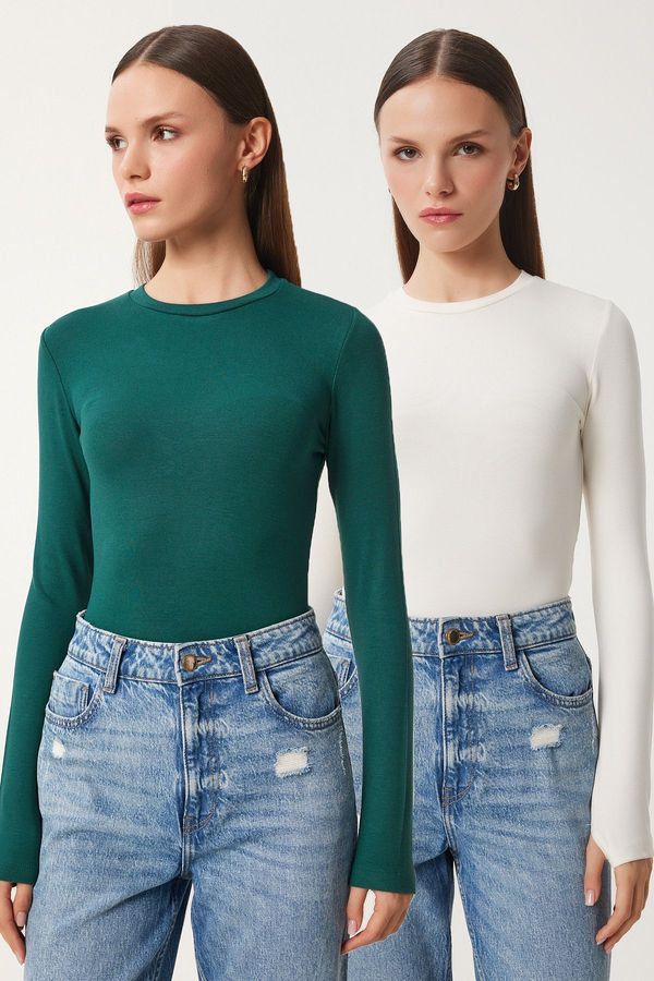 Happiness İstanbul Happiness İstanbul Women's Ecru Emerald Green 2-Piece Pack Crew Neck Finger-Slotted Basic Knitted Blouse