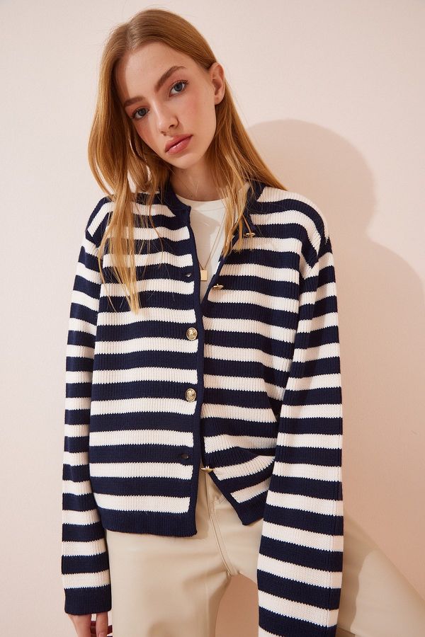 Happiness İstanbul Happiness İstanbul Women's Ecru Navy Blue Striped Knitwear Cardigan with Waistcoat
