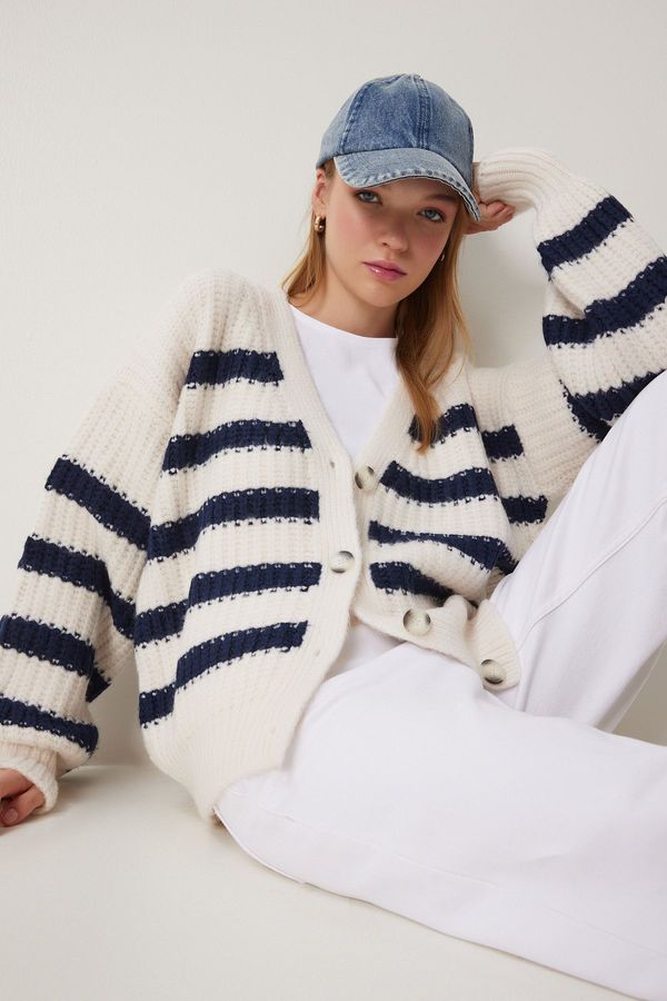 Happiness İstanbul Happiness İstanbul Women's Ecru Navy Blue V Neck Striped Knitwear Cardigan