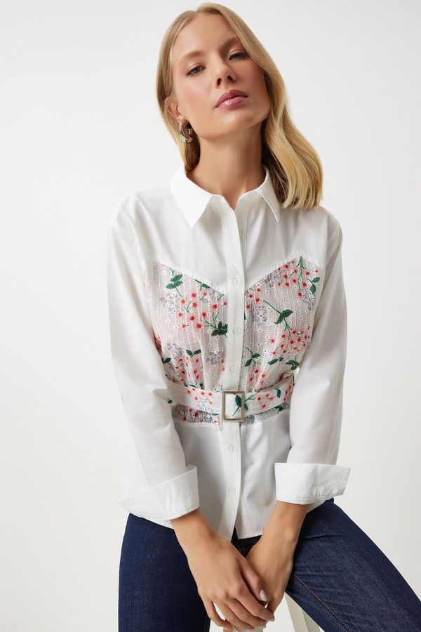 Happiness İstanbul Happiness İstanbul Women's Ecru Pink Floral Embroidery Detailed Woven Shirt