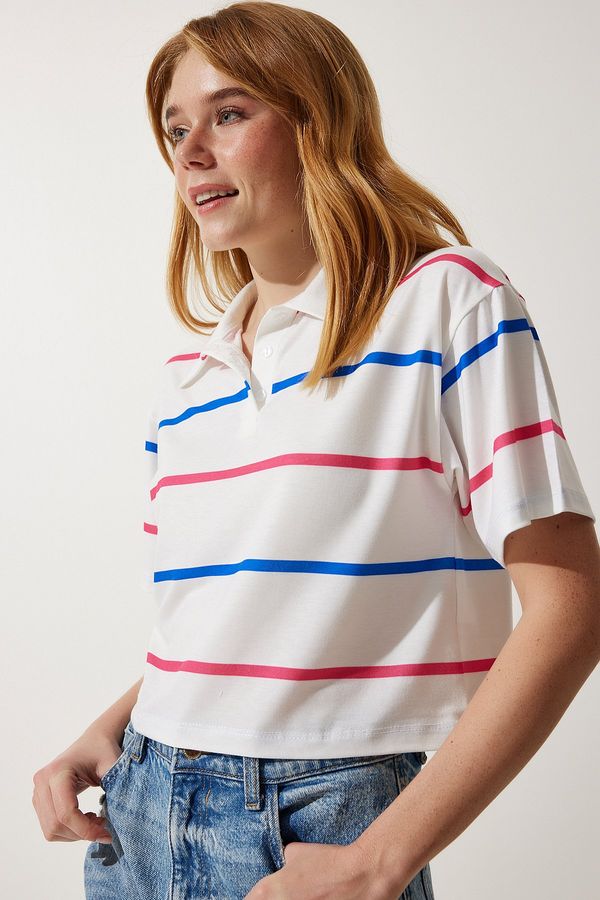 Happiness İstanbul Happiness İstanbul Women's Ecru Pink Polo Neck Striped Short Knitted T-Shirt
