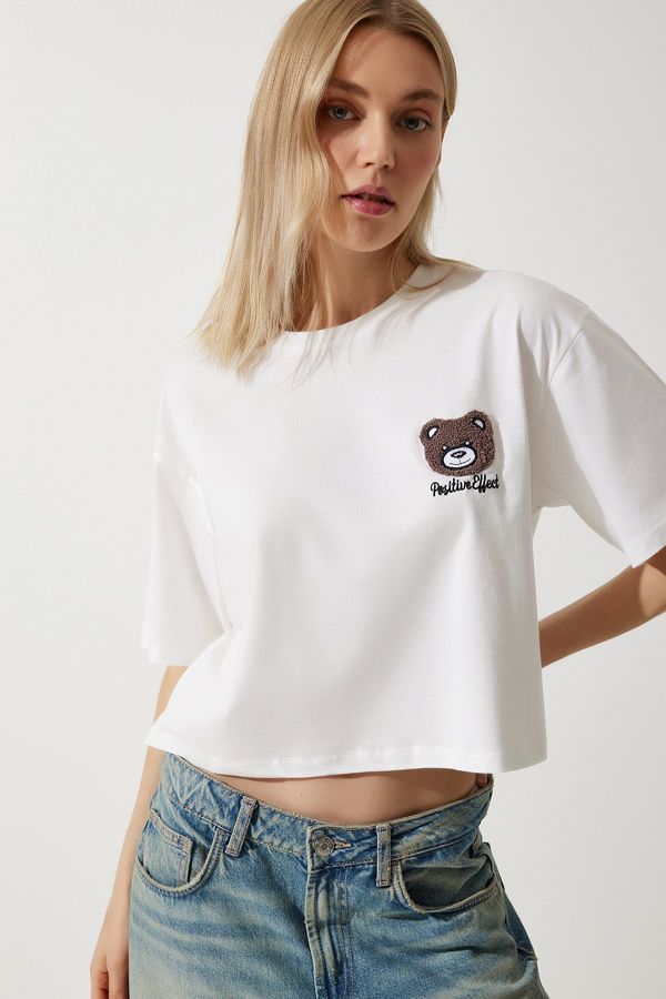 Happiness İstanbul Happiness İstanbul Women's Ecru Teddy Bear Embroidered Crop Knitted T-Shirt